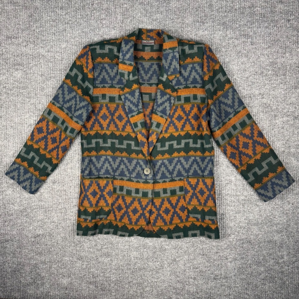 Vtg 90s Tracy Evans Blazer Womens M Southwestern Geometric Longline Jacket Aztec